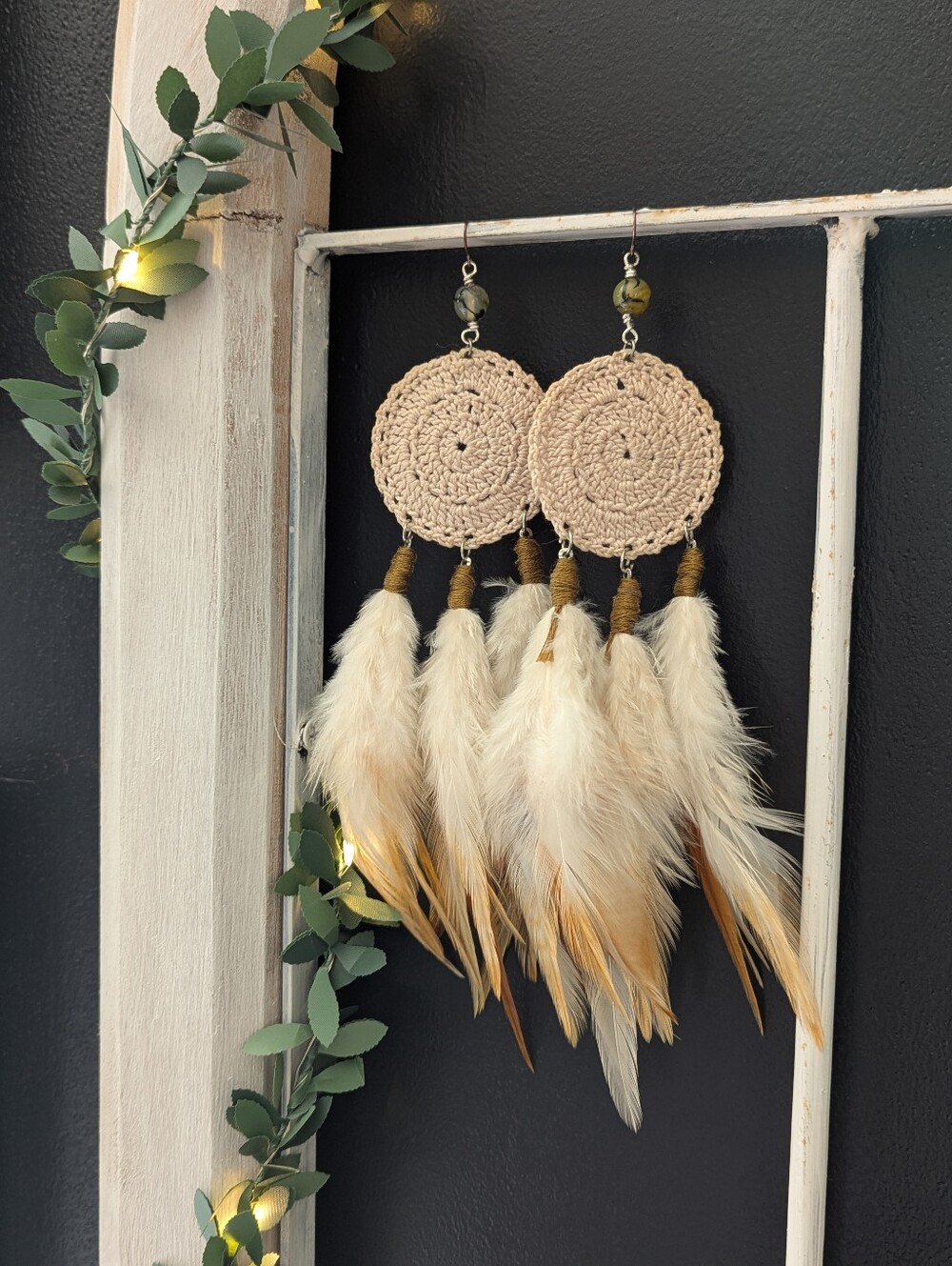 🪶✨Handmade Crochet Cruelty Free Feather Earrings Cream Tan Fire Agate Stone